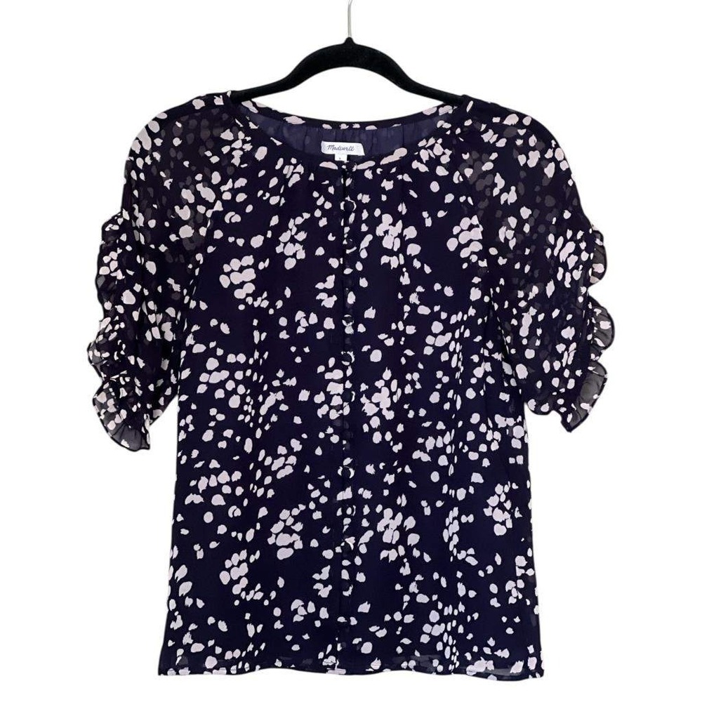 Madewell Ruffle Sleeve Top Size S Button Down Blouse Sheer‎ Black Cream Print